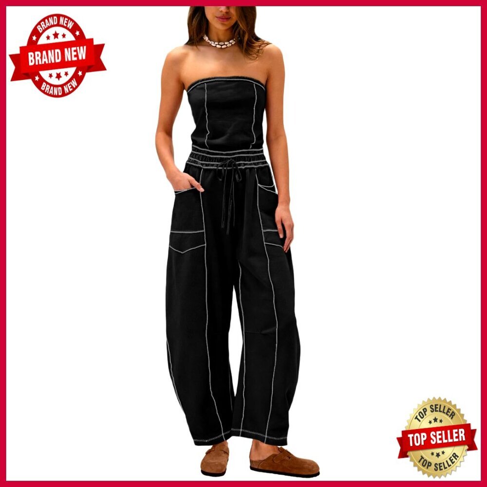 Strapless Jumpsuit with Pockets Wide Leg Romper Summer Casual Outfit